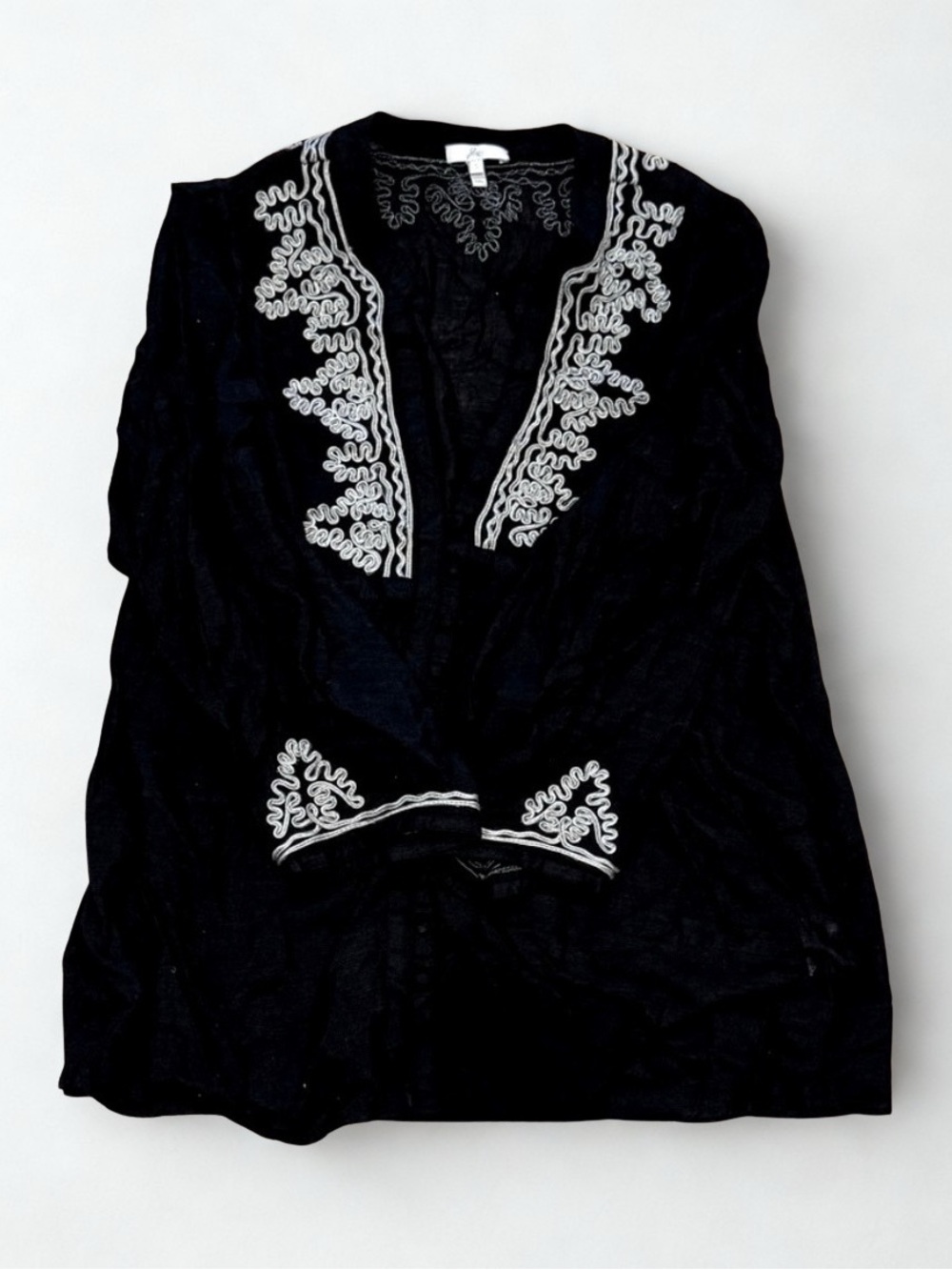 Joie Black and White Embroidered Silk Long Sleeve Top, Size Small.
